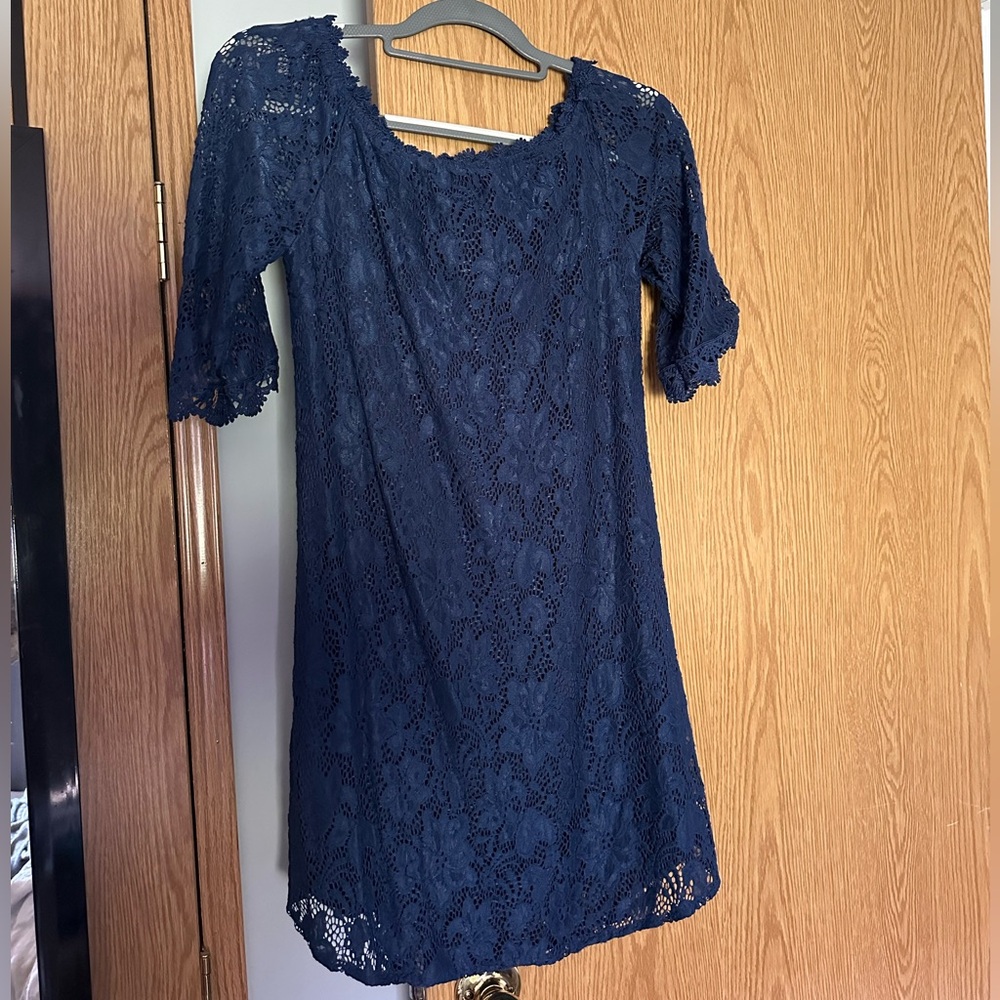 Blue off the shoulder lace dress